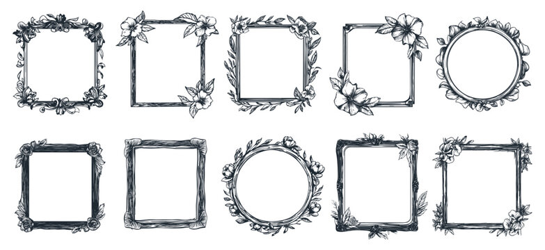 Monochrome frame set with flowers and botanical elements. Cicular square shapes. Invitation congratulation decorative nature floral borders wedding ornaments. Vector clipart collection isolated on