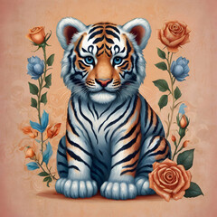 Create an illustration of a cute tiger cub in a stylized, artful design, mainly blue with orange and white details. The cub should have elaborate, patterned markings inspired by Indian or Middle Easte