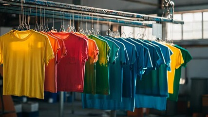 A row of colorful t-shirts hang on a rack in a factory setting
