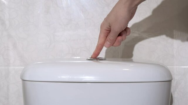 Lady hand flushing toilet. A housewife hand press the button after morning toilet troubles.