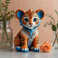 Create an illustration of a cute tiger cub in a stylized, artful design, mainly blue with orange and white details. The cub should have elaborate, patterned markings inspired by Indian or Middle Easte