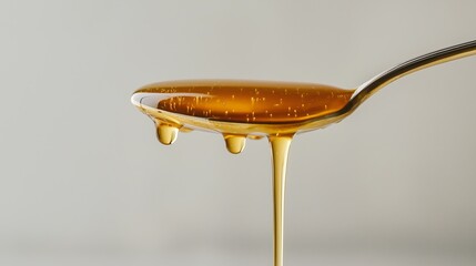 A spoonful of honey is dripping from the spoon. The spoon is on a white background.