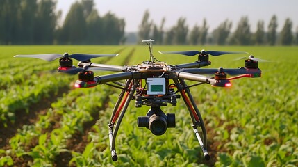 Advanced drone flying over a green agricultural field using sensors for precision farming