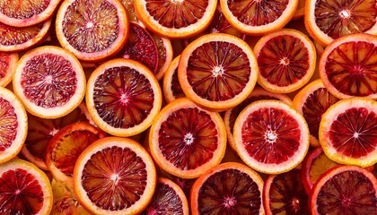 Vibrant blood orange slices form a textured and colorful backdrop, highlighting the deep red and...