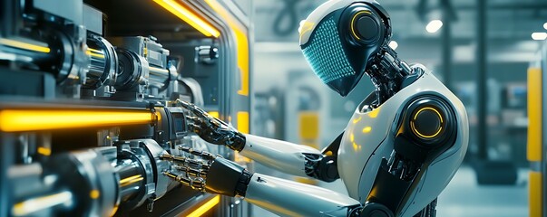An AI-powered robot analyzing a complex industrial machinery system in a sleek factory