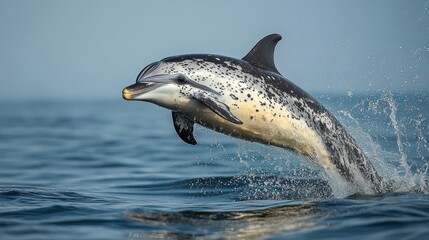 Obraz premium A Spotted Dolphin Leaps Through the Air, Leaving a Trail of Water