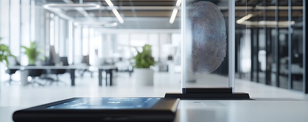 Biometric security scanner analyzing fingerprint data in a modern office environment