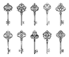 Ornamental medieval retro vintage key set. Elegant antique decoration. Metal antiquarian filigree work design element. Secret privacy symbol. Black and white sketch flat style. Isolated vector on