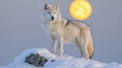 Obraz premium White wolf standing on a snowy hill with a large orange sun in the background