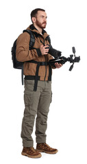 Photographer with backpack and camera on white background