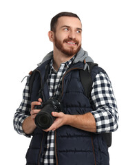 Photographer with backpack and camera on white background