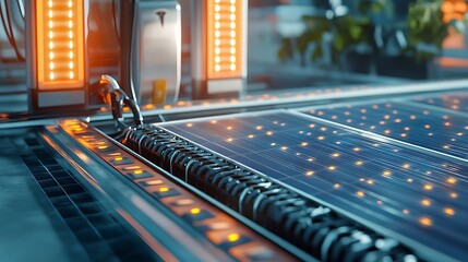 Close-up of electric vehicle batteries being charged at a futuristic solar-powered station