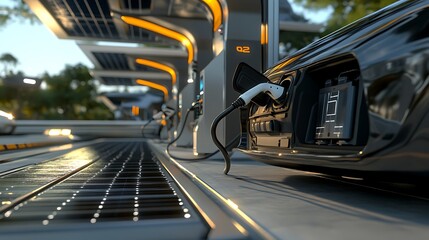 Close-up of electric vehicle batteries being charged at a futuristic solar-powered station