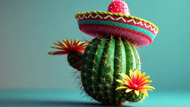 A green cactus wearing a colorful sombrero sits on a teal surface