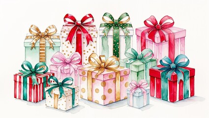 Festive Watercolor Gift Boxes with Ribbons  

