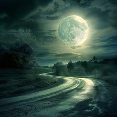 Fantasy Fairy Tale Full Moon Illuminates the Night Road, Shining Moonlight, Road to Huge Moon,