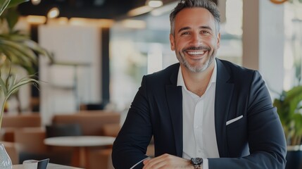 Fototapeta premium Business professional smiling confidently in a modern office setting during daytime