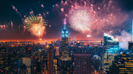 The city is lit up with fireworks and the sky is filled with bright colors