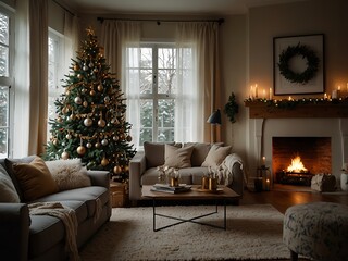 Cozy living room with a decorated Christmas tree