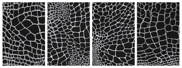 Reptile black skin print vertical backgrounds set. Snake crocodile dragon lizard leather pattern. Fabric swatch textured material print. Black and white animal backgrounds Simple flat style vector