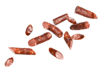 Dry smoked sausage pieces in air on white background, collage
