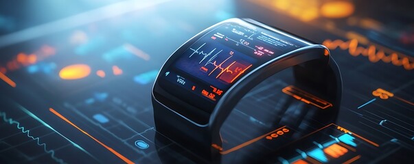 Smart wearable technology on display monitoring vital signs and health data on a screen