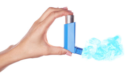 Asthma treatment. Woman holding inhaler on white background, closeup. Aerosolized medication coming...