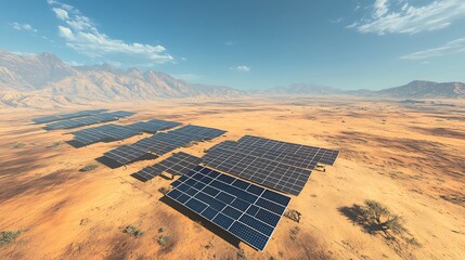 Solar panels spread across a vast desert landscape absorbing sunlight with high efficiency