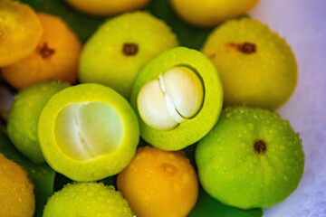 Ripe edible wild fruit from the Brazilian cerrado biome, fruit known as cagaita (Stenocalyx dysentericus) of the Magnoliopsida class and the Myrtaceae family.