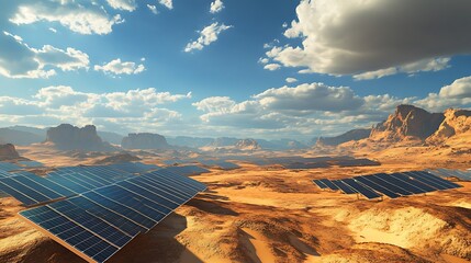 Solar panels spread across a vast desert landscape absorbing sunlight with high efficiency