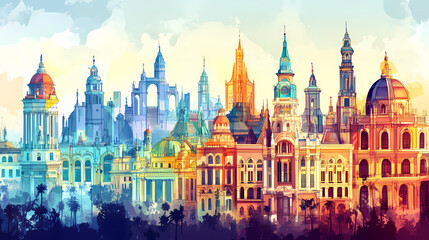 Hand drawn colorful madrid city skyline sketch. bright architecture drawing. crystal palace. Crystal Palace. Illustration