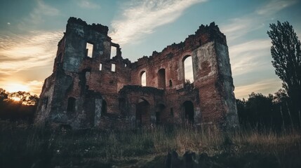 Ruins of a brick castle stand tall against a dramatic sunset sky.