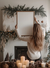 Woman holding a blank frame against a cozy winter living room with candles and Christmas decoration on the coffee table, winter home decorations,