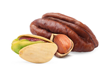 Pistachio, hazelnut and pecan on white background