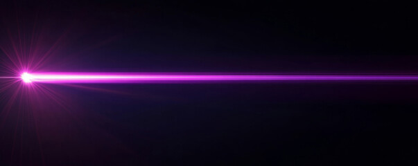 Obraz premium A purple laser beam on a black background, with a lens flare effect and rays of light, 