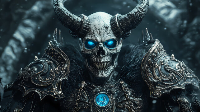 Evil skeleton or skull of a lich king with big horns and blue eyes in dark armor, generative art. Lich King. Illustration