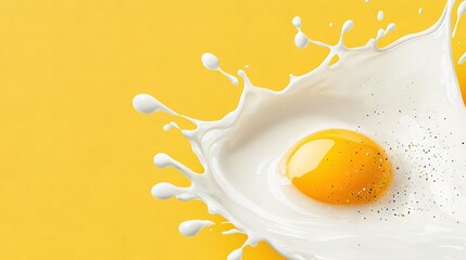   Close-up of egg in milk carton on yellow background with milk splash