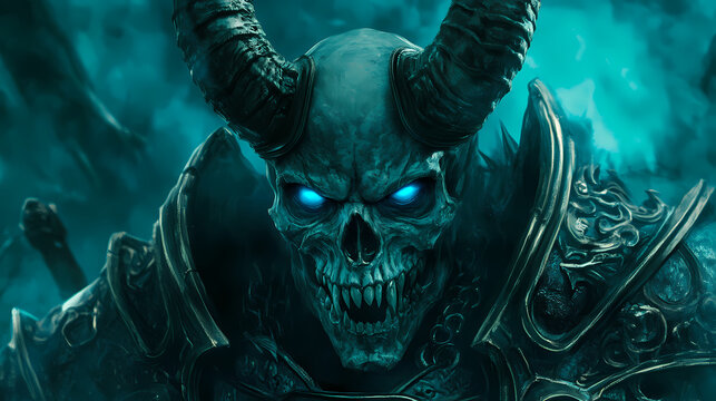 Evil skeleton or skull of a lich king with big horns and blue eyes in dark armor, generative art. Lich King. Illustration