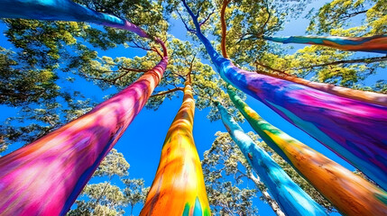 A Stunning Tropical Landscape Featuring the Colorful and Unique Rainbow Eucalyptus Trees in Full Bloom