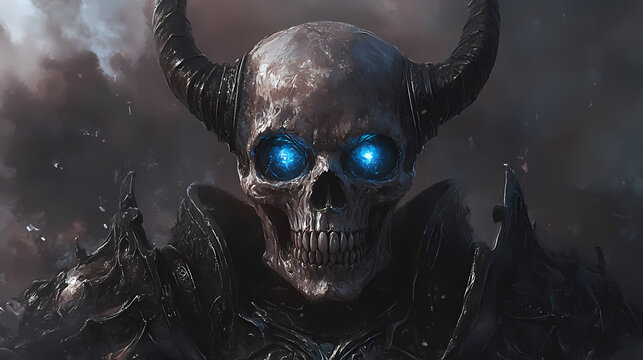 Evil skeleton or skull of a lich king with big horns and blue eyes in dark armor, generative art. Lich King. Illustration