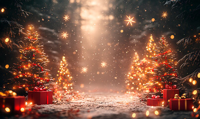 Twinkling lights and beautifully decorated trees create a festive holiday mood in a snowy forest setting