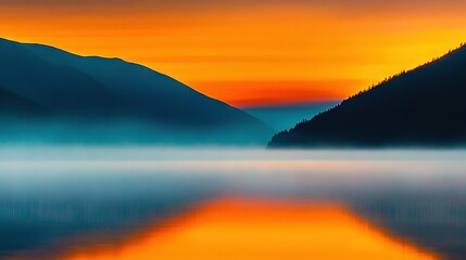 Fototapeta premium A stunning image captures a vast expanse of water, framed by majestic mountains on either side Sunset paints the sky in hues of orange and pink