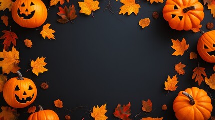 Halloween Pumpkin and Maple Leaf Border on Dark Background
