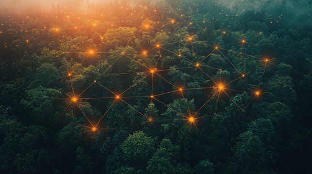 A breathtaking matrix of glowing links spans across a vast green forest expanse, highlighting the intersection of natural beauty and innovative technology elegantly.