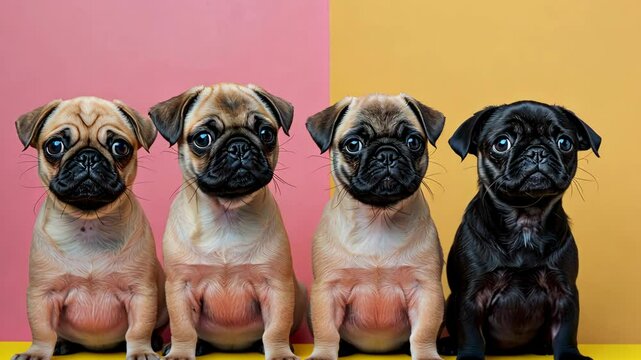 Four pugs sit in a row against a pink and yellow backdrop