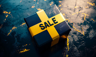 A neatly wrapped black gift box with a yellow ribbon labeled sale sits on a textured surface, attracting shoppers' interest