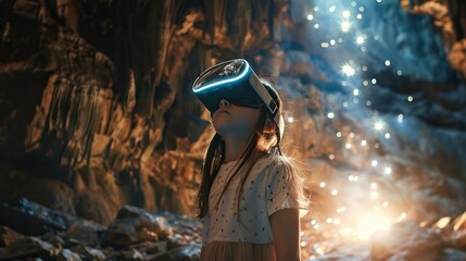 A child experiencing virtual reality in a mystical cave environment. Created with Generative AI