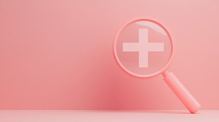 Obraz premium A pink magnifying glass with a white plus symbol on a pink background.