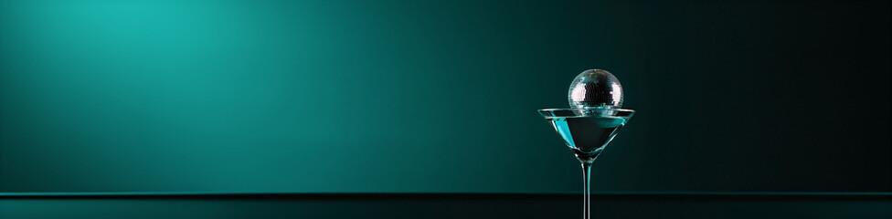 Mini disco ball in martini glass on aquatic awe background. Cocktail party, disco concept. Modern template banner for New Year cards, Christmas holidays, birthday and club events with place for text