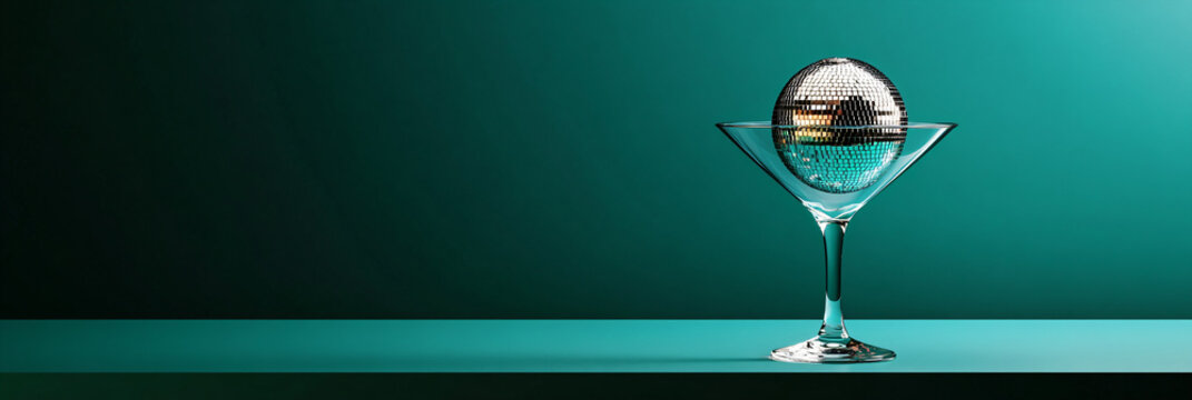 Mini disco ball in martini glass on aquatic awe background. Cocktail party, disco concept. Modern template banner for New Year cards, Christmas holidays, birthday and club events with place for text